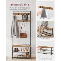 Perchero con Estante para Zapatos, Mueble de Entrada con Banco, 3 en 1, Marco de Acero, para Entrada y Pasillo, 32 x 70 x 177 cm, Estilo Industrial, Marrón Castaño y Negro HSR041B41 - details 2