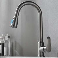 Grifo de fregadero de cascada negro gris extraíble grifo de cocina mezclador de agua giratorio de un solo orificio - details 7