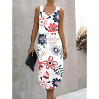 Vestido estampado de cintura irregular con cuello en V de verano 2025 para mujer - details 3