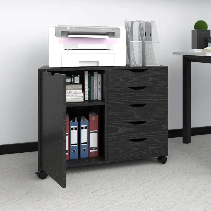 Mueble Archivador de Madera con Ruedas Oficina de Estudio en Casa con 5 Cajones y Soporte de Impresora Ajustable - 1