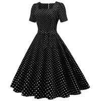 Vestido midi de fiesta de lunares para mujer, elegante, de manga corta, con cuello cuadrado, línea A, estilo años 50 y 60. - details 42
