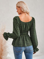 Top informal de manga con volantes para mujer, Top con cuello redondo y cintura, Color liso, otoño e invierno, 2023 - details 15