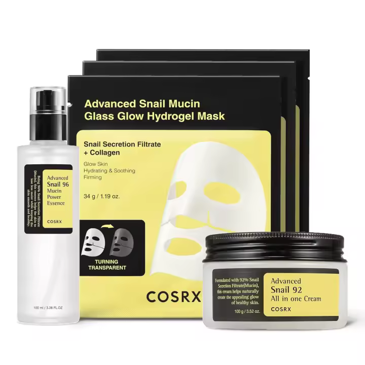 COSRX Snail Mucin Korean Skin Care Night Routine Set - 96% Esencia 92% Hidratante + Mascarillas faciales de hidrogel con brillo de vidrio - 1