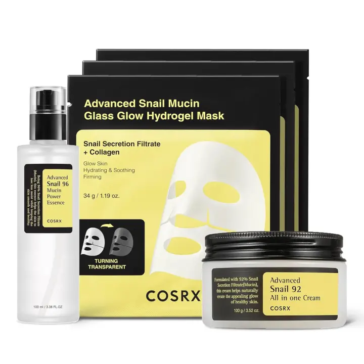 COSRX Snail Mucin Korean Skin Care Night Routine Set - 96% Esencia 92% Hidratante + Mascarillas faciales de hidrogel con brillo de vidrio - 1