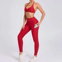 Conjunto de yoga sin costuras para mujer, pantalones de chándal de cintura alta con bolsillos para levantar la cadera, tres sujetadores sin espalda, Body de entrenamiento de gimnasia - details 12
