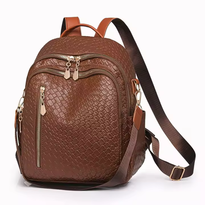 Bolso de cuero suave, mochila tejida de imitación, bolso de mujer de doble propósito, mochila de PU - 1