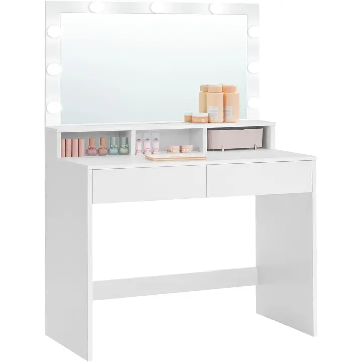 Mesa de Maquillaje con Espejo y Luces LED con Brillo Ajustable, 2 Cajones y 3 Compartimentos, Moderna, Blanco Nube RDT120T10 - 1
