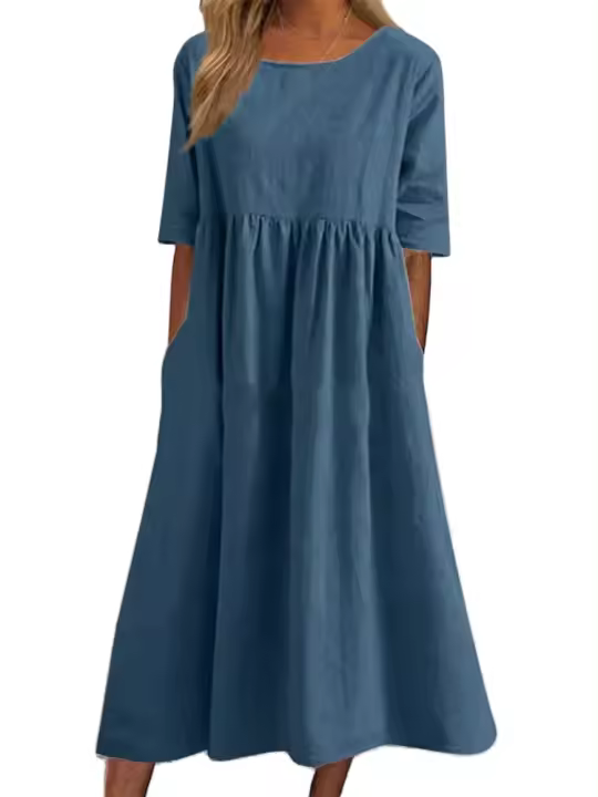 Vestido suelto casual de talla grande para mujer, vestido largo de algodón y lino de color sólido - 1