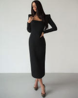 Primavera estilo francés elegante pequeño negro largo cuello cuadrado Slim Fit Bodycon diseño Dre - details 9