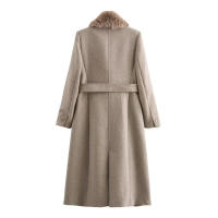 TRAFZA mujer nueva moda elegante manga larga bolsillo Casual prendas de vestir exteriores mujer invierno otoño cuello de piel cinturón decorar chaqueta abrigo - details 7