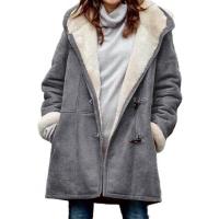 Chaqueta de mujer con forro de lana, hebilla de esquina con capucha, abrigo de longitud media, abrigo de piel resistente al viento para invierno, ropa de calle - details 6
