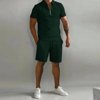 Traje Deportivo Casual para Hombres Polo de Color Sólido, Pantalones con Rayas Verticales, Manga Corta, Moda Suelta - details 5