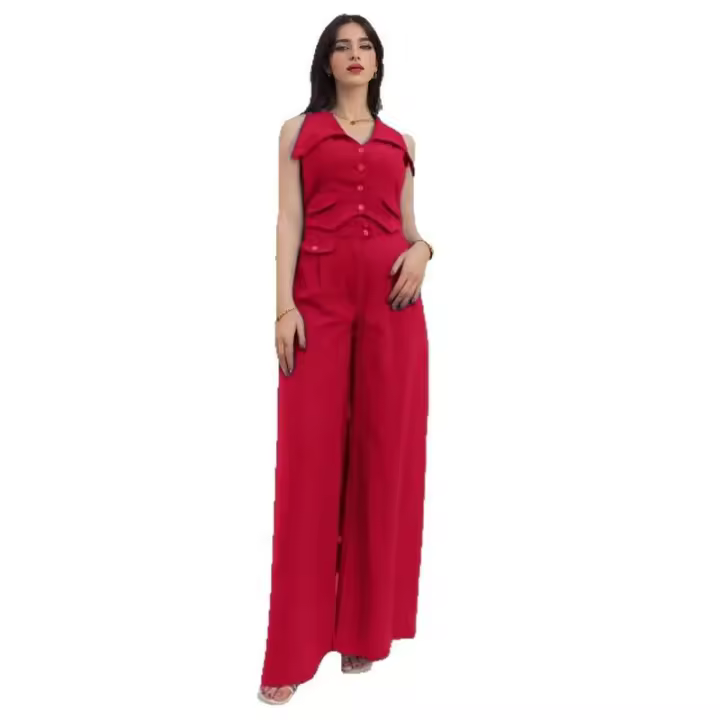 Conjunto de pantalones largos informales de dos piezas con cintura ajustada y manga de Color liso para mujer, novedad de verano - 1