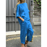 Conjunto de verano de 2 piezas para mujer, talla grande, camisa de lino y algodón, traje con pantalones largos holgados a la cintura - details 2