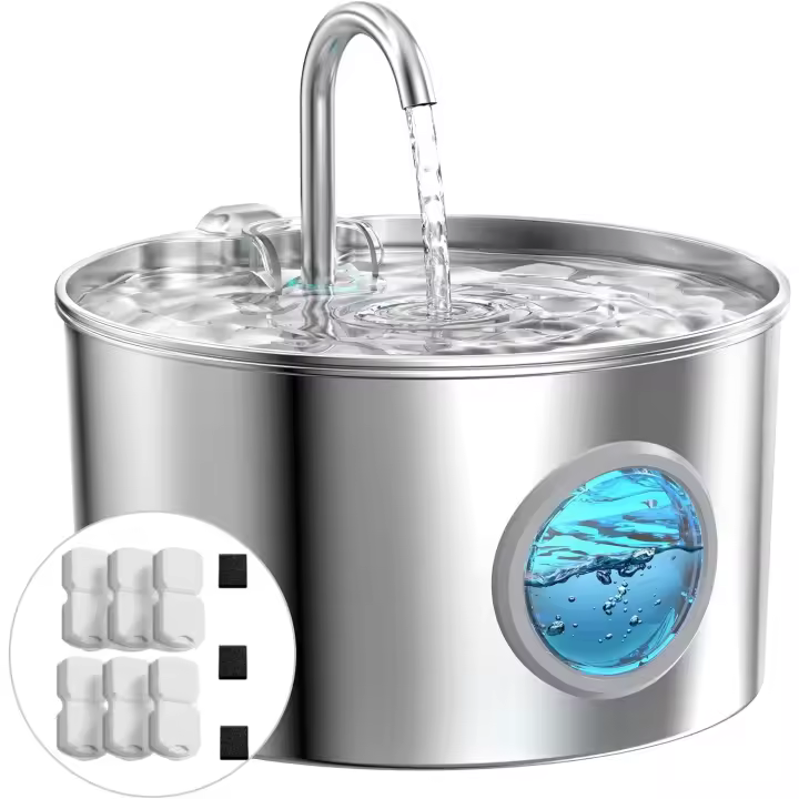 Fuente para Gatos Acero Inoxidable: Bebedero Gatos Automatico - Fuente Gatos 2.2L - Fuente de Agua para Gatos Súper Silenciosa - Dispensador de Agua para Gatos y Perros - con 6 Filtros + 3 Esponjas - 1