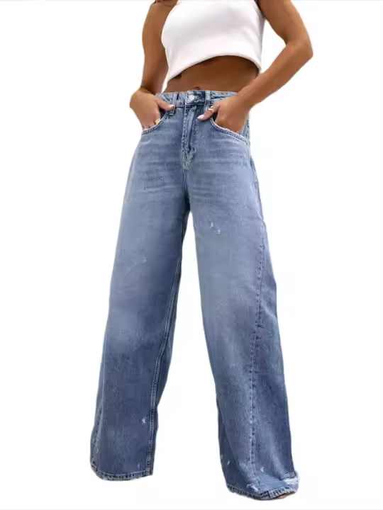 Vaqueros rectos de pierna ancha para mujer, pantalones vaqueros azules con cintura alta y diseño desgastado - 1
