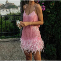 Vestido corto con lentejuelas y borlas para mujer, minivestido Sexy con tirantes finos y costuras, elegante, para fiesta y Club - details 3