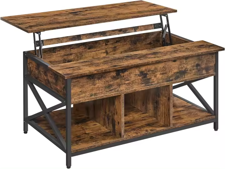 Mesa de Central con Tablero Elevable Estilo Rústico Marrón y Negro Ideal para Dormitorio con Espacio Abierto y Oculto Forma de X - 1