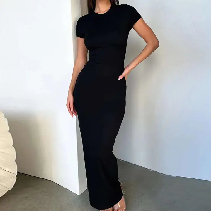 Sólido negro blanco ajustado largo de las mujeres de moda de verano liso ceñido al cuerpo Maxi camiseta vestido de las señoras simples vestidos delgados ocasionales - 1