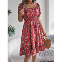 Primavera Verano 2025 Europeo y Americano Floral Cuello Cuadrado Manga Corta Cintura con Volantes Falda Línea A - details 17