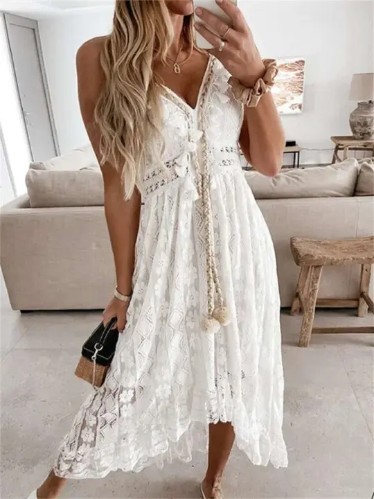 Nuevas mujeres blanco largo sin mangas cuello en V wy vestido con volantes verano bohemio Sexy vestidos de vacaciones en la playa - 1