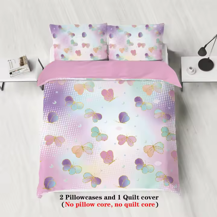 Juego premium con estampado de serie de mariposas y fondo de cielo estrellado degradado de 3 piezas, para habitación y dormitorio de niñas - 1