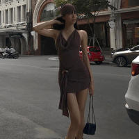 Mini vestido marrón de corte bajo sin espalda para mujer, vestidos plisados ​​de verano para chica fresca - details 6
