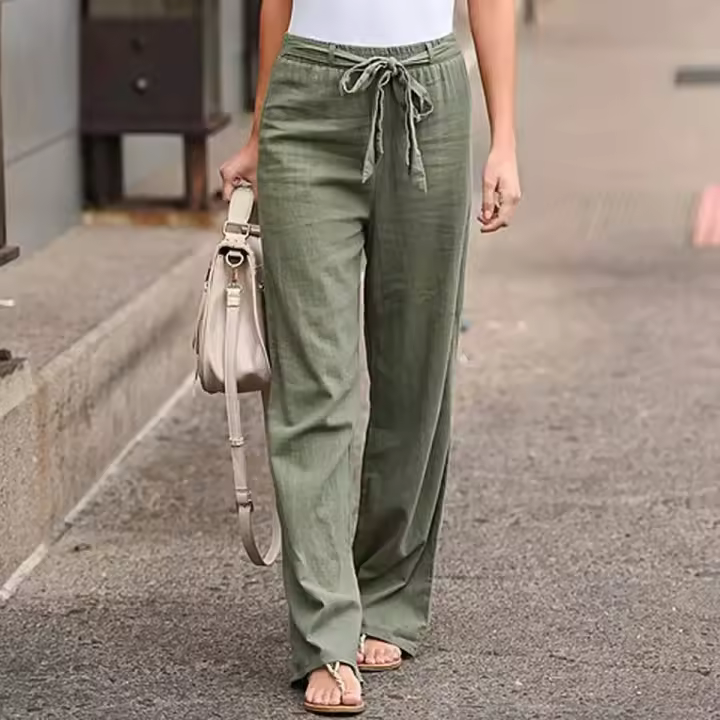 Pantalones Largos Sólidos Para Mujer Casual Algodón Lino Con Cordón Cintura Elástica Pierna Ancha Estilo Callejero Ropa De Mujer - 1