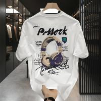 Camiseta Gráfica Oversize de Algodón Pesado Estilo Callejero Americano Casual con Arte de Auriculares y Borde Asimétrico Unisex Top para Todas las Temporadas - details 8