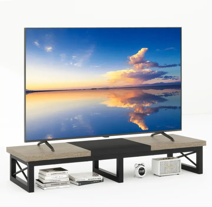 Mueble de TV para TV de 32-60",Mesa Televisión Estrecha con 2 balda,Doble Pantalla de Escritorio de Oficina,Mueble de TV para Hogar,Dormitorio,Sala de Estar,Negro Greige TVT002YB - 1