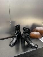 Tacón alto cabeza cuadrada botas delgadas botas cortas zapatos de mujer nuevo tacón grueso marrón con falda - details 3