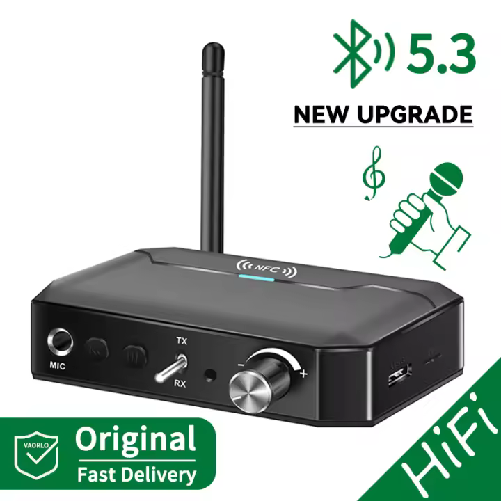 VAORLO NFC Bluetooth 5.3 Transmisor de Audio Receptor 3.5mm AUX/RCA/USB/TF/Coaxial/6.5MM Micrófono Karaoke Adaptador Inalámbrico HiFi DSP Música Estéreo para TV PC Amplificador Altavoz - 1
