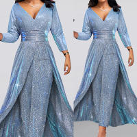 Vestido de manga larga con cuello en V y lentejuelas para mujer, mono con dobladillo grande - details 1
