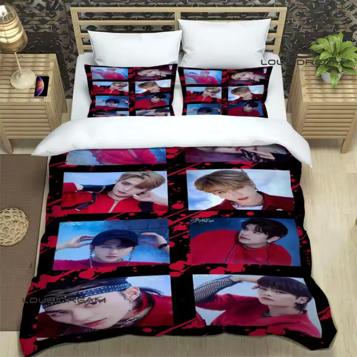 Exquisito Conjunto de Ropa de Cama KPOP S-Stray-K-Kids Funda de Edredón, Funda de Almohada, Regalo de Cumpleaños de Lujo - 1