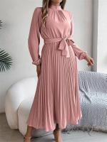 Vestido plisado elegante con cuello levantado y manga larga y cintura cerrada para mujer, vestido largo de Otoño Invierno - details 39