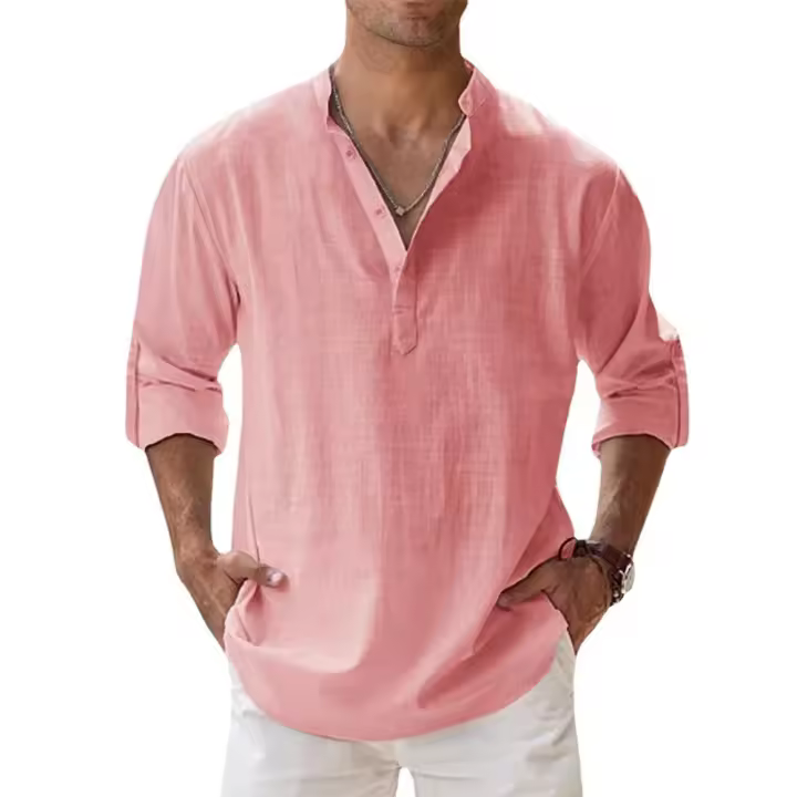 Camisas de manga larga informales ligeras de lino y algodón para hombre, Henley, playas hawaianas, ropa de calle Moda masculina - 1