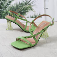 Sandalias de mujer de talla grande, color sólido, estilo trenzado, tacón alto con tiras y punta cuadrada - details 19