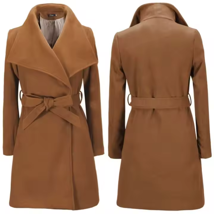 Nueva moda mujer niñas invierno cinturón de solapa abrigo de lana Lisa estilo caliente señoras ropa de abrigo gabardina larga - 1