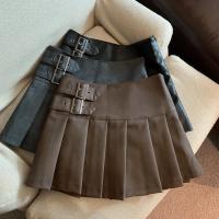 Minifaldas de cuero Pu para mujer, ropa de calle, Falda plisada de cintura alta, faldas acampanadas informales ajustadas negras coreanas Vintage - details 1