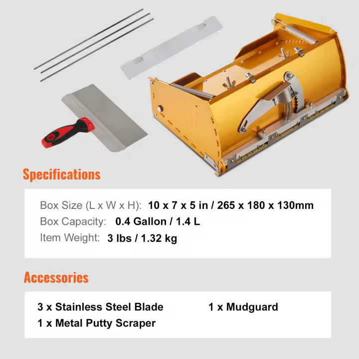 SucceBuy Caja plana para paneles de yeso, caja de barro de acabado de aluminio de limpieza rápida y ancha para paneles de yeso, paneles de yeso, con guardabarros adicional y cuchillas de acero inoxidable adicionales - 1