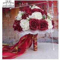Ramo de flores artificiales para dama de honor, rosa, rojo, blanco, azul real - details 0
