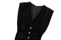 Vestido largo de terciopelo negro sin mangas con cuello en V para mujer, decoración de un solo pecho, verano n - details 3