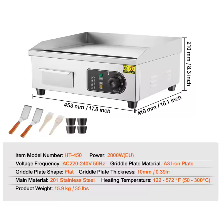 SucceBuy Plancha eléctrica comercial, parrilla superior semiplana para encimera de 4400 W, temperatura ajustable 122 ℉ -572 ℉ , Parrilla de acero inoxidable de 28,74x15,75x0,39 pulgadas con 2 palas y 2 cepillos para el hogar/restaurante - 1