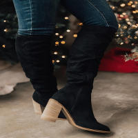 Botas largas de gran tamaño para mujer, tacón grueso de gamuza, cremallera lateral puntiaguda, botas de caballero de moda de Color sólido - details 2