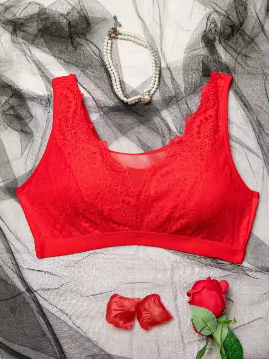 Sujetador Inalámbrico de Novedad para Mujer, Detalle de Encaje Semitransparente, Poliéster y Elastano, Lavable a Mano - Color Sólido - 1
