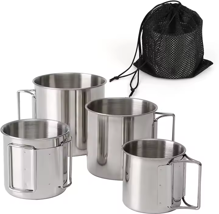 Tazas de acampada portátiles, tazas y tazas de acero inoxidable para exteriores con mango plegable, 4 paquetes - 1