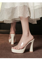 Transparente tacones altos impermeable mesa de una palabra cristal zapatillas frescas tacón grueso hermoso desgaste exterior verano super tacón alto - details 16