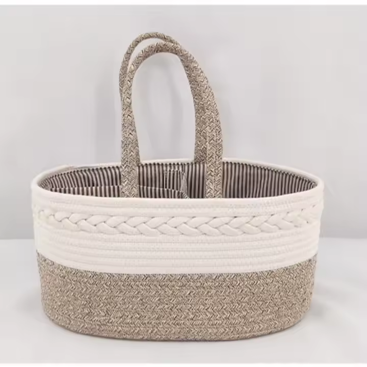 Organizador de pañales para bebé, cesta de almacenamiento portátil de algodón tejido con cuerda, cesta de bricolaje con compartimentos intercambiables, regalo para recién nacidos - 1