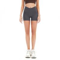 Pantalones cortos de yoga para mujer, pantalones cortos de fitness, pantalones cortos elásticos acanalados con cintura en forma de V de color sólido sin costuras, pantalones cortos con cuerda para saltar - details 6