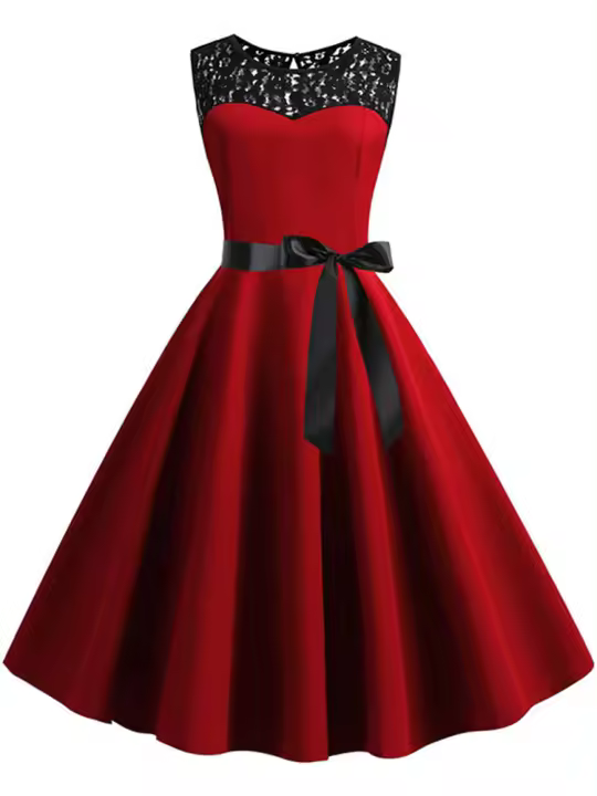 Lace patchwork summer women a line elegant vintage party dress with belt - 1